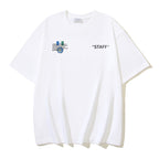 Off-white T-shirt with small left chest print and 'STAFF' text