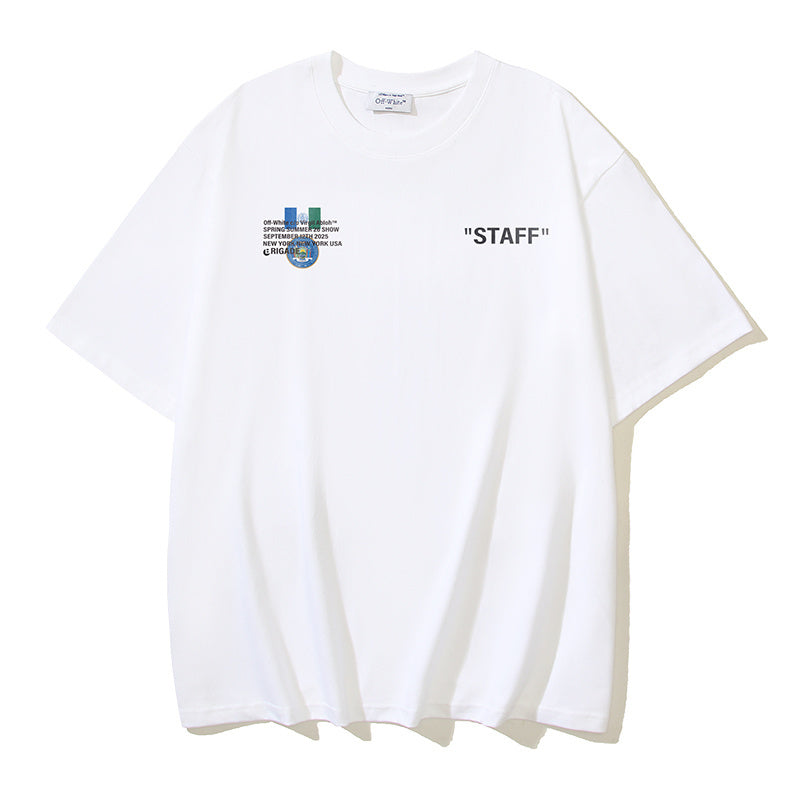 Off-white T-shirt with small left chest print and 'STAFF' text