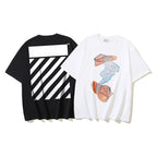 Graphic T-shirts set: black tee with diagonal stripes and white tee with cartoon-style print