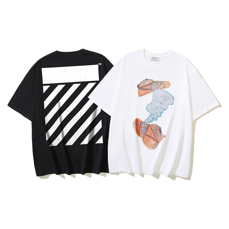 Graphic T-shirts set: black tee with diagonal stripes and white tee with cartoon-style print