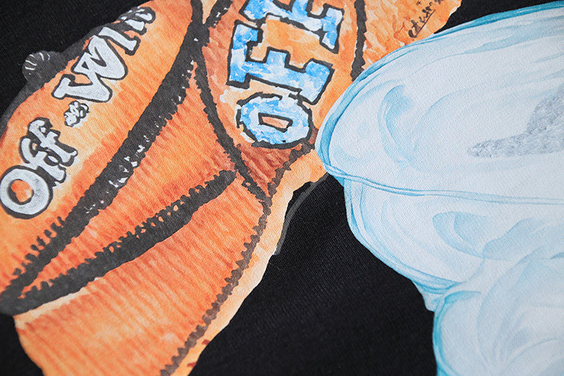 Black T-shirt with orange and blue graphic artwork print on the chest