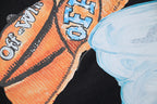 Black T-shirt with orange and blue graphic artwork print on the chest
