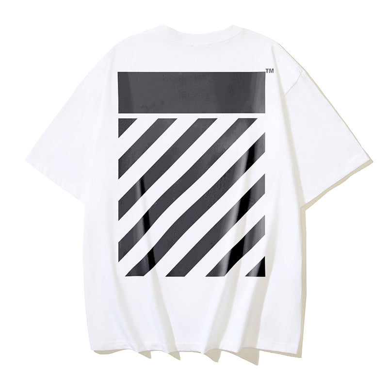 Off-white T-shirt back with large black and white diagonal stripe graphic