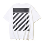 Off-white T-shirt back with large black and white diagonal stripe graphic