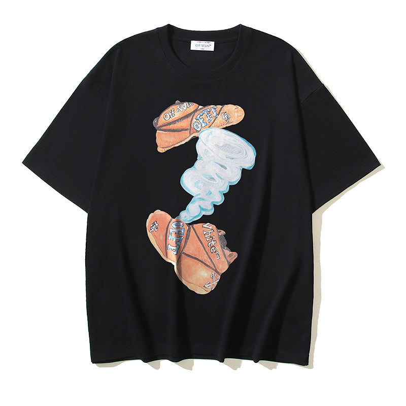 Black T-shirt with centered colorful shoe graphic