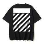 Black T-shirt back with large black and white diagonal stripe graphic