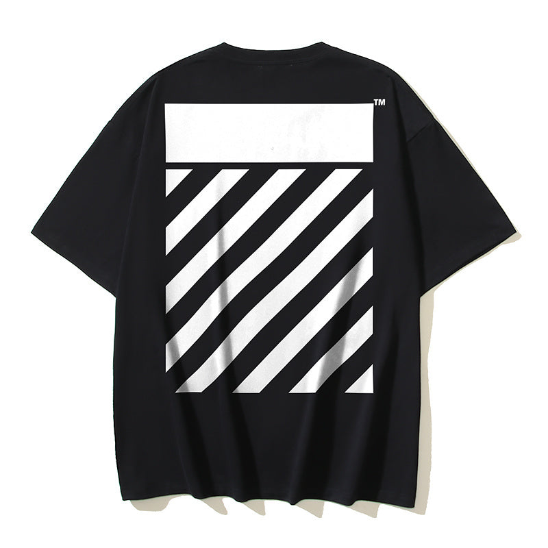 Black T-shirt back with large black and white diagonal stripe graphic