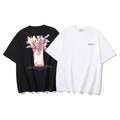 Crewneck T-shirt set: black and white with colorful floral front graphic