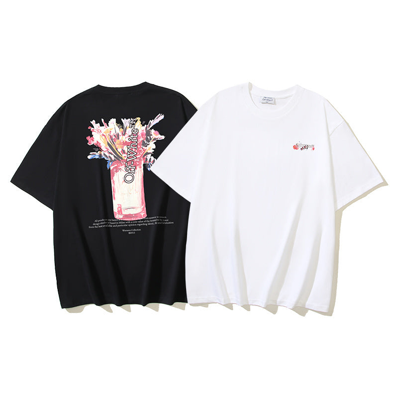 Crewneck T-shirt set: black and white with colorful floral front graphic