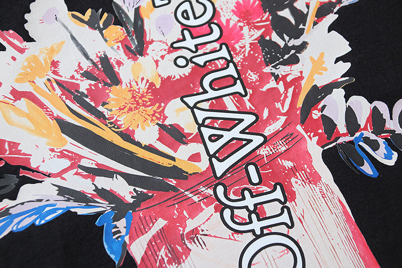 Black T-shirt front large Off-White word on colorful paint-splash artwork