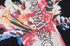 Black T-shirt front large Off-White word on colorful paint-splash artwork
