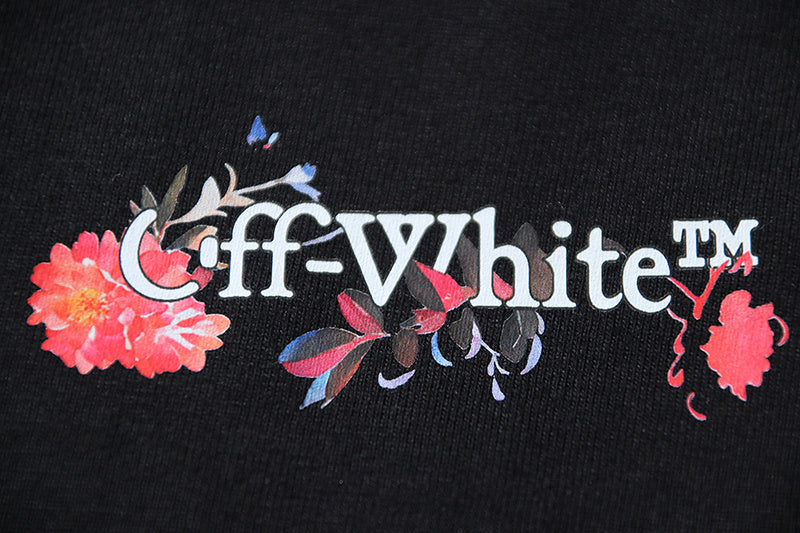 Black T-shirt front floral and Off-White lettering graphic