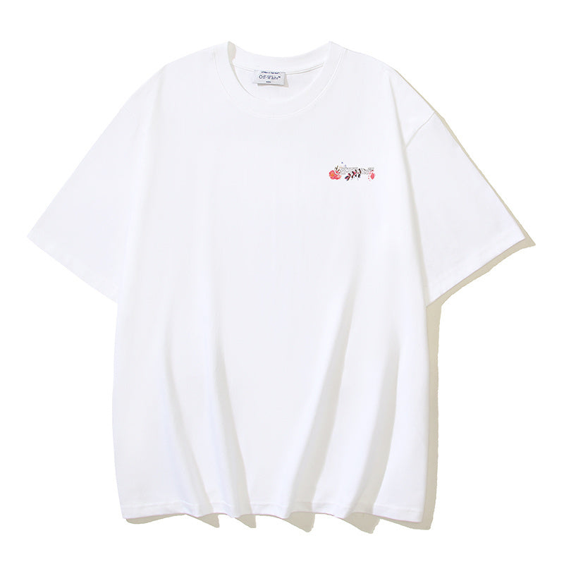 White T-shirt with small colorful logo graphic on chest