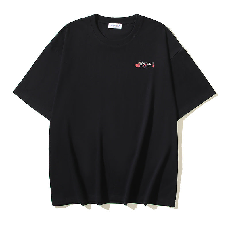 Black T-shirt with small colorful logo graphic on chest