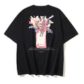 Black T-shirt with large colorful flower bouquet graphic on center back