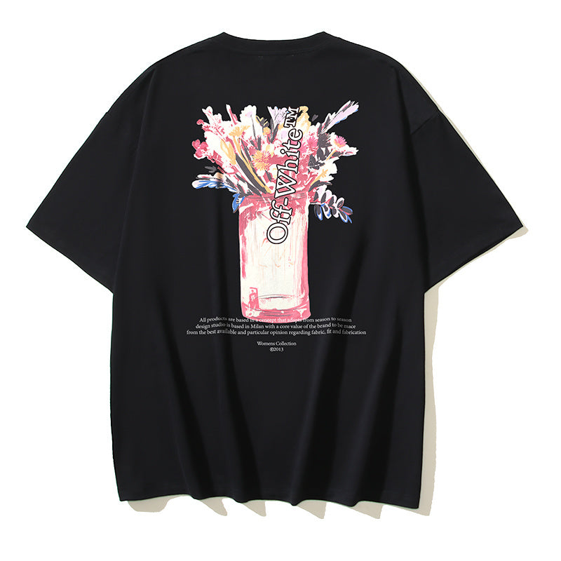 Black T-shirt with large colorful flower bouquet graphic on center back