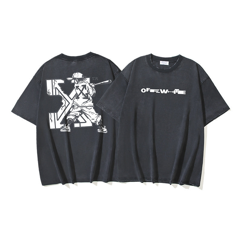 Off-White crew-neck T-shirt in dark gray with large white graphic print front