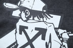 Dark gray T-shirt with large white figure-style graphic print
