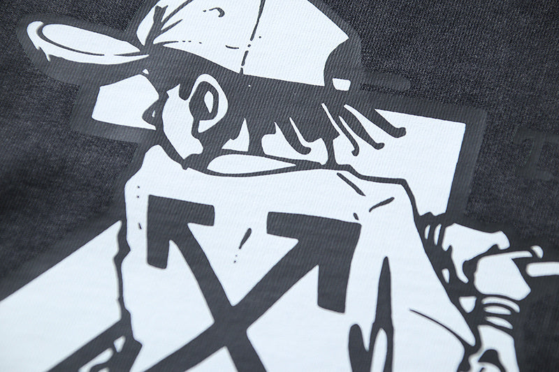 Dark gray T-shirt with large white figure-style graphic print