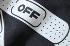 White skateboard-shaped OFF logo graphic on dark T-shirt fabric
