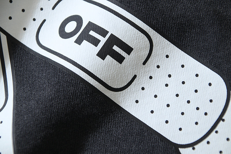 White skateboard-shaped OFF logo graphic on dark T-shirt fabric