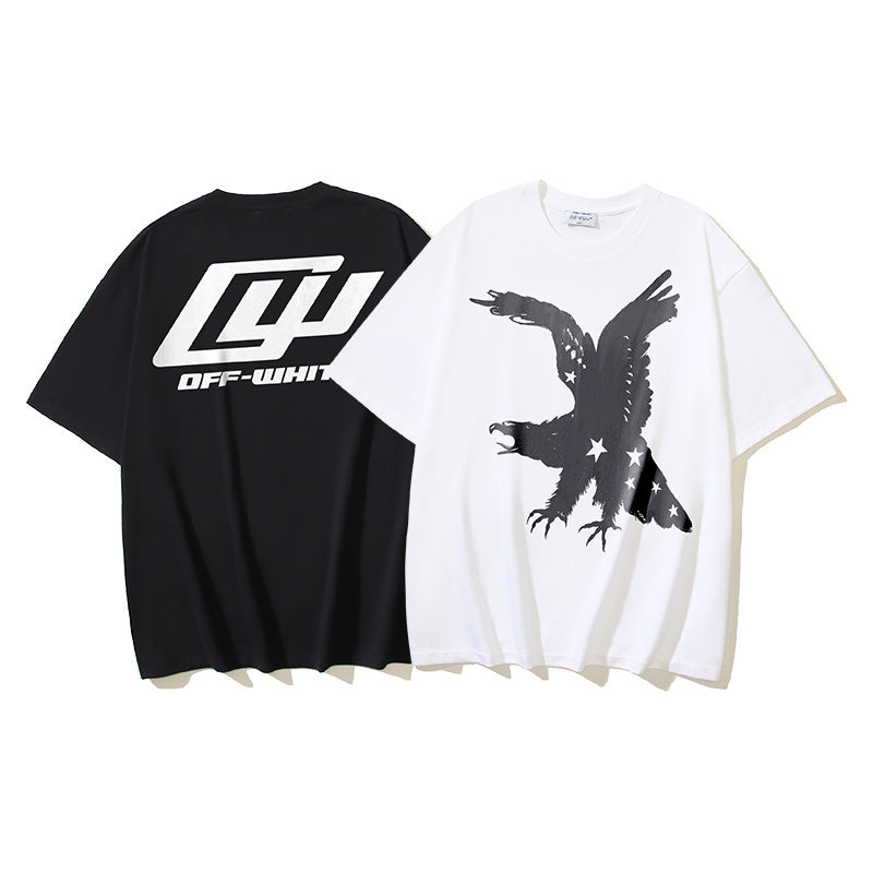 Graphic T-shirt pair, black and white, with logo and bird graphic prints