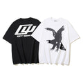 Graphic T-shirt pair, black and white, with logo and bird graphic prints