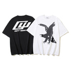 Graphic T-shirt pair, black and white, with logo and bird graphic prints