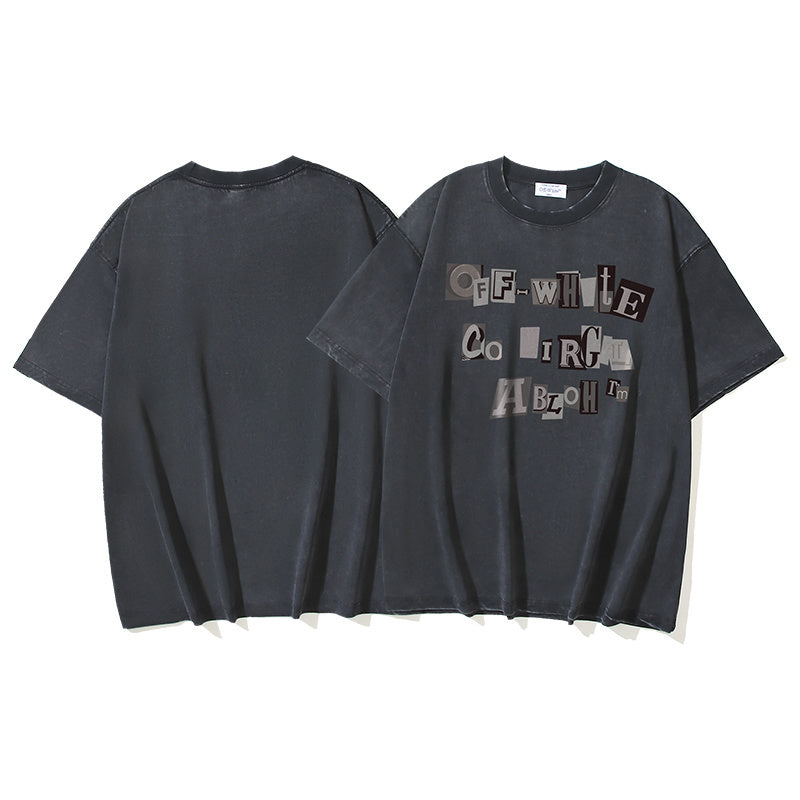 Black Off-White graphic T-shirt, front and back view, short sleeves
