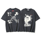 Graphic crewneck T-shirt in dark gray with large white distressed artwork on front
