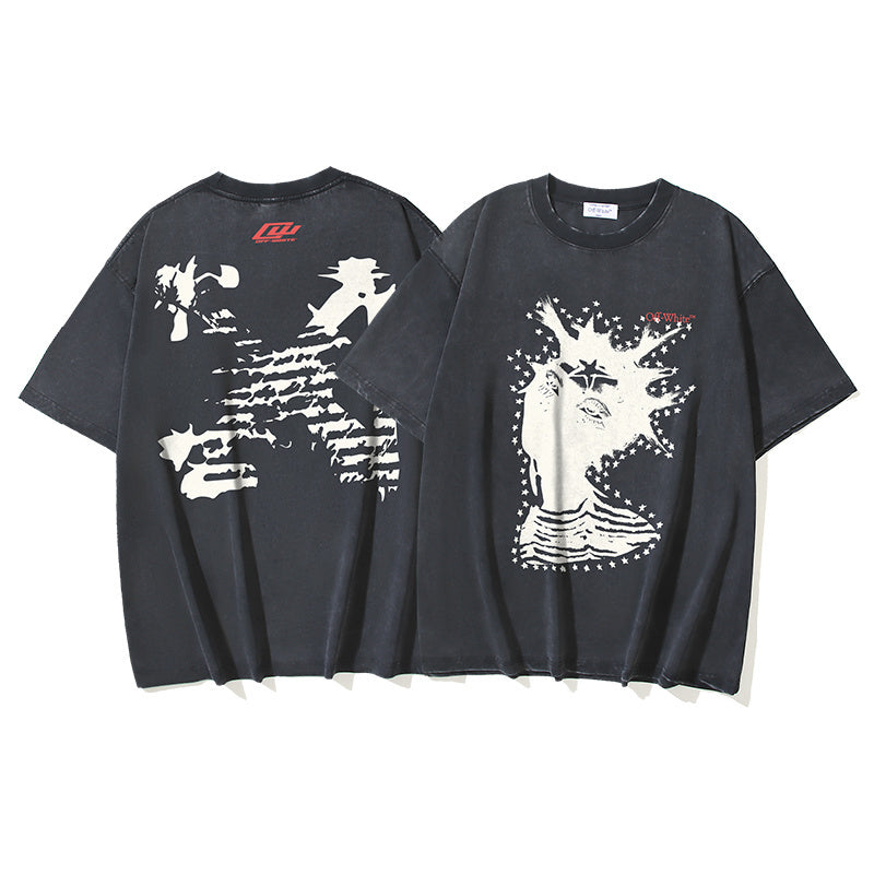 Graphic crewneck T-shirt in dark gray with large white distressed artwork on front