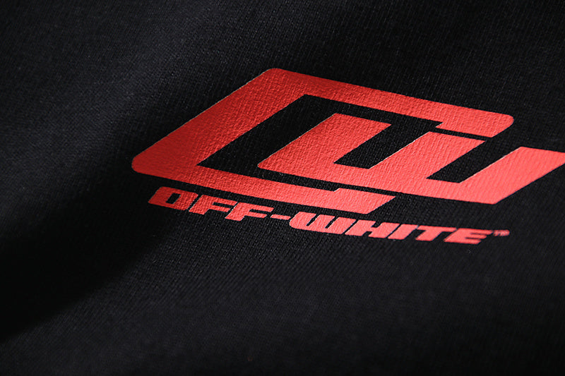 Off-White chest logo print on black T-shirt fabric
