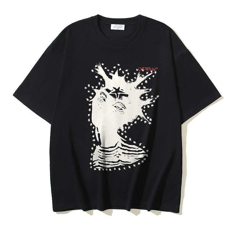Off White black crewneck T-shirt with starburst portrait graphic front