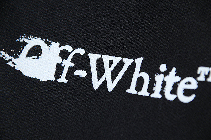 Off-White graphic logo printed on black shorts fabric
