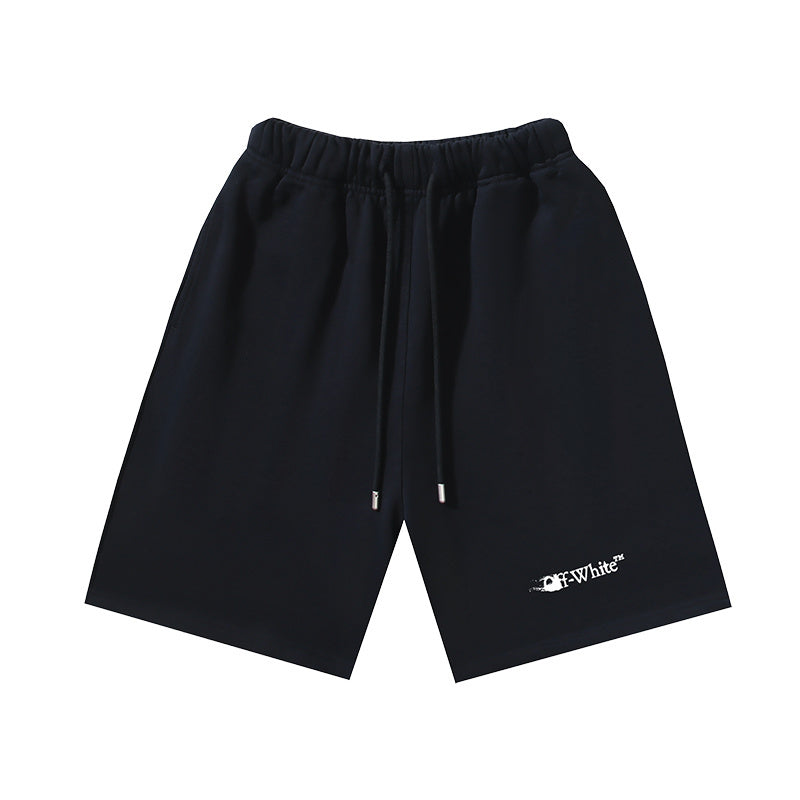 Dark drawstring shorts with small logo on right leg, elastic waistband