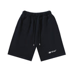 Dark drawstring shorts with small logo on right leg, elastic waistband