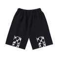 Dark shorts with graphic arrow print on both legs, elastic waistband