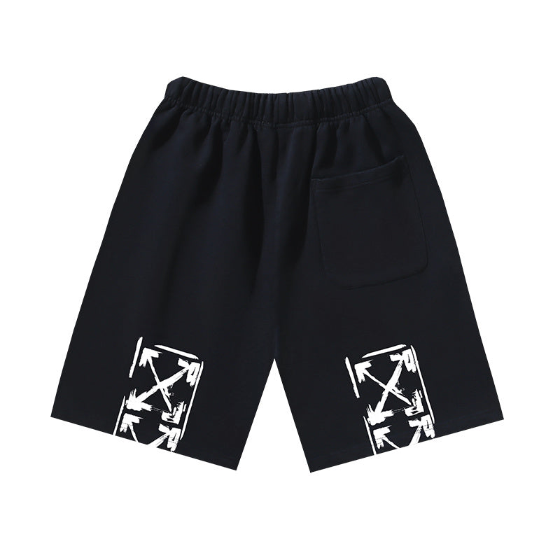 Dark shorts with graphic arrow print on both legs, elastic waistband