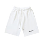 White drawstring shorts with small logo on right leg, elastic waistband