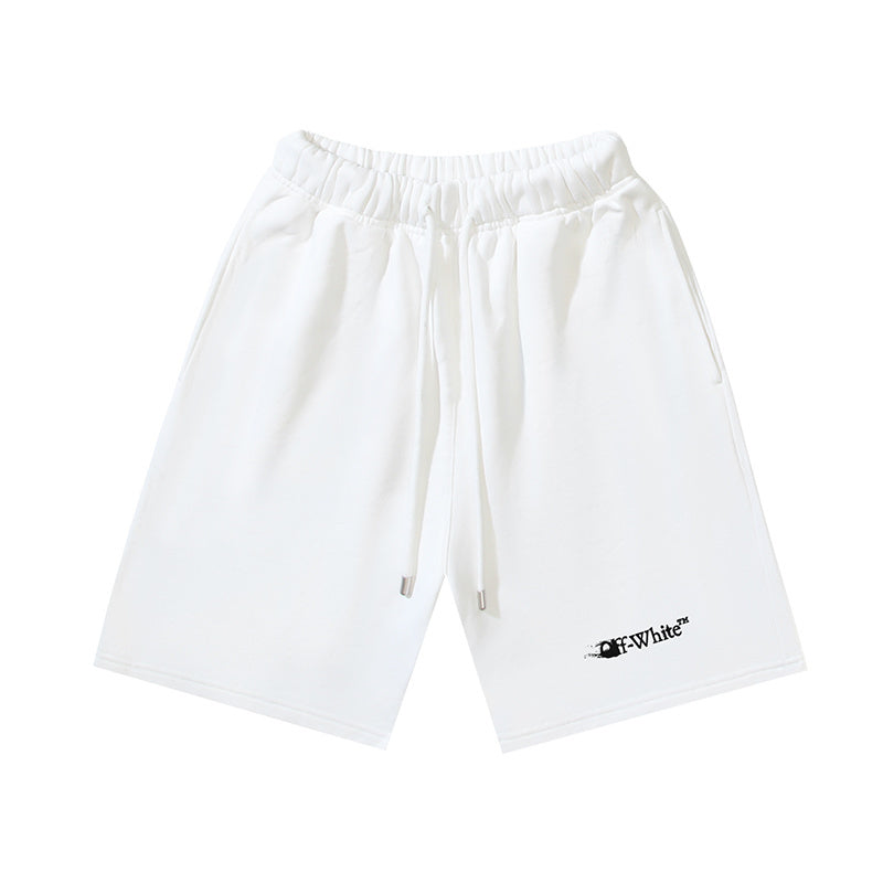 White drawstring shorts with small logo on right leg, elastic waistband