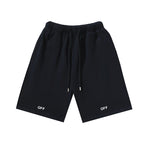 Dark shorts with elastic waistband, drawstring, and 'OFF' print at hem