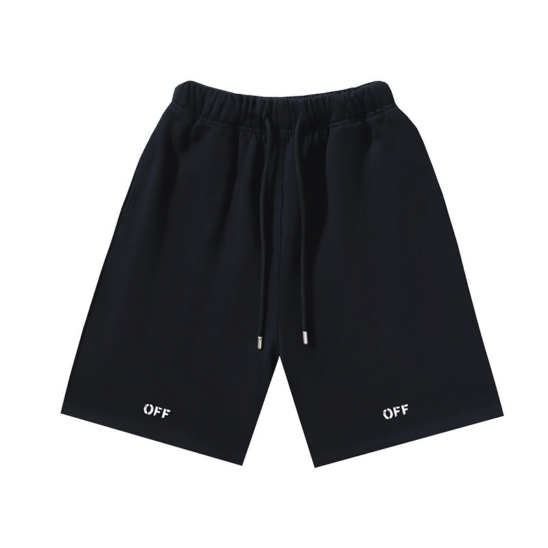 Dark shorts with elastic waistband, drawstring, and 'OFF' print at hem