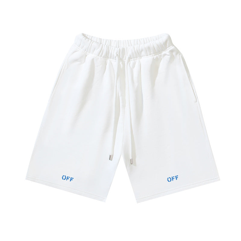 Off-white shorts with elastic waistband, drawstring, and 'OFF' print at hem