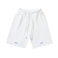 Off-white shorts with elastic waistband, drawstring, and 'OFF' print at hem