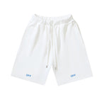 Off-white shorts with elastic waistband, drawstring, and 'OFF' print at hem
