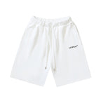 White drawstring shorts with logo text on right thigh and front pockets