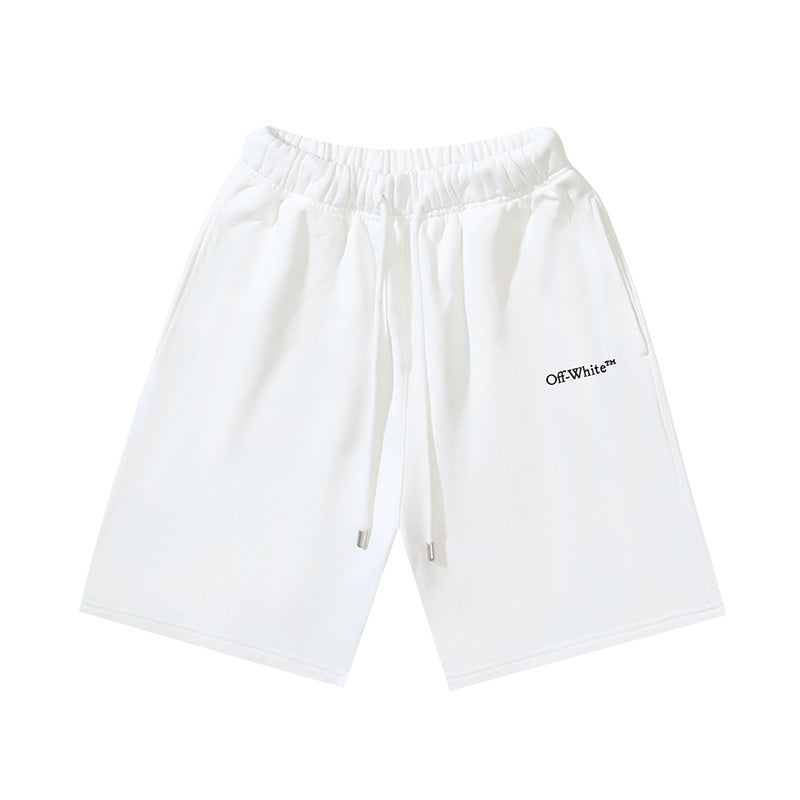 White drawstring shorts with logo text on right thigh and front pockets