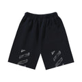Black drawstring shorts with 'Off-White' style logo embroidery on each leg