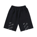 Black drawstring shorts with 'Off-White' style logo embroidery on each leg