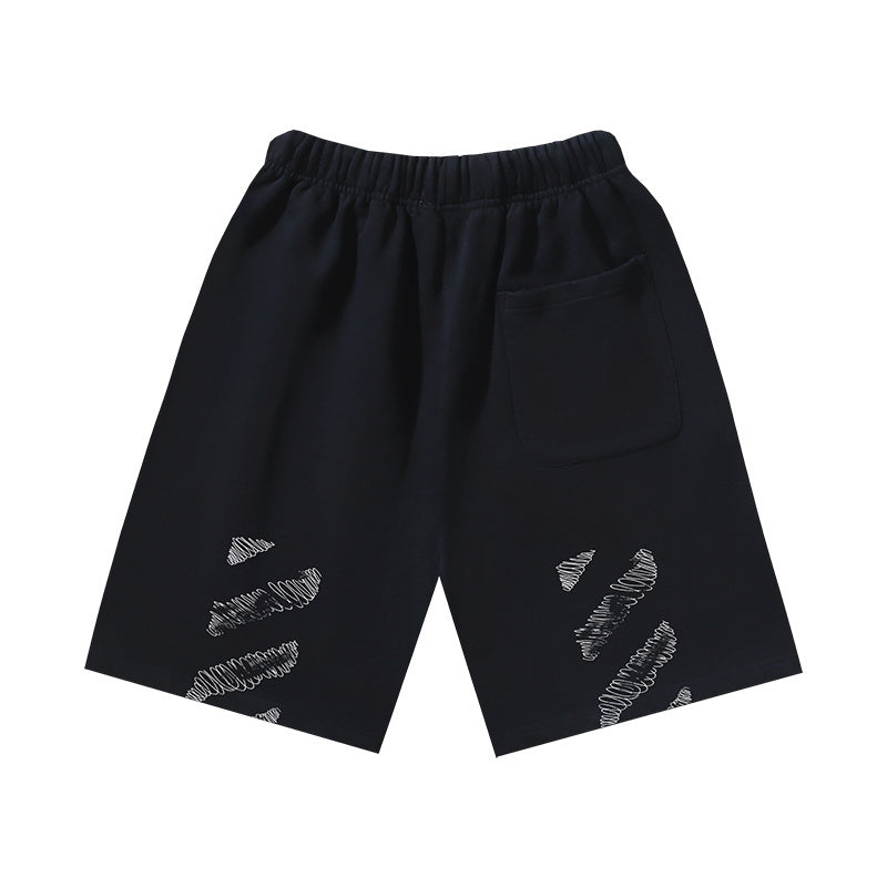 Black drawstring shorts with 'Off-White' style logo embroidery on each leg
